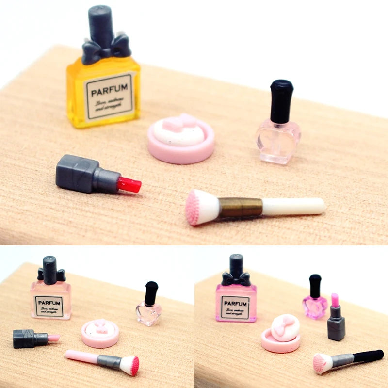 1 Set 1:12 Dollhouse Miniature Cosmetic Lipstick Pressed Powder Perfume Makeup Brush Model Doll Makeup Scene Decor Accessories