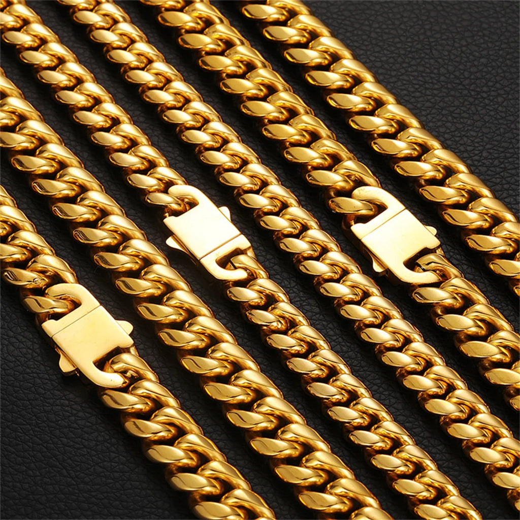 12/14mm Hip Hop Necklace 18K Gold Plated  316L Stainless Steel Cuban Link Chain Bracelet Jewelry For unisex Fashion Jewelry