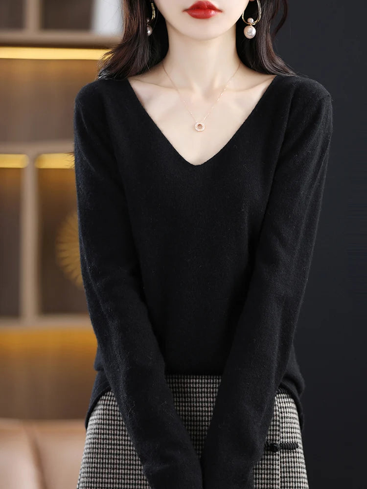 Women's Pullover Sweater For Autumn Winter 100% Merino Wool Knitted Sweater V-neck Basic  Cashmere Long Sleeve Tops