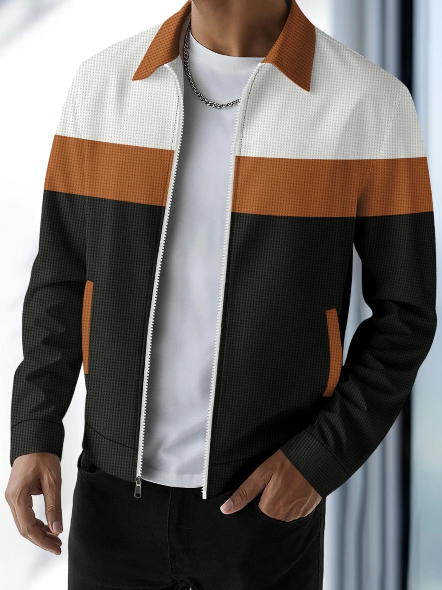 Men s Casual Lapel Collar Zip Up Jacket with Patchwork Design Pockets and Stylish Outerwear for Fall Fashion