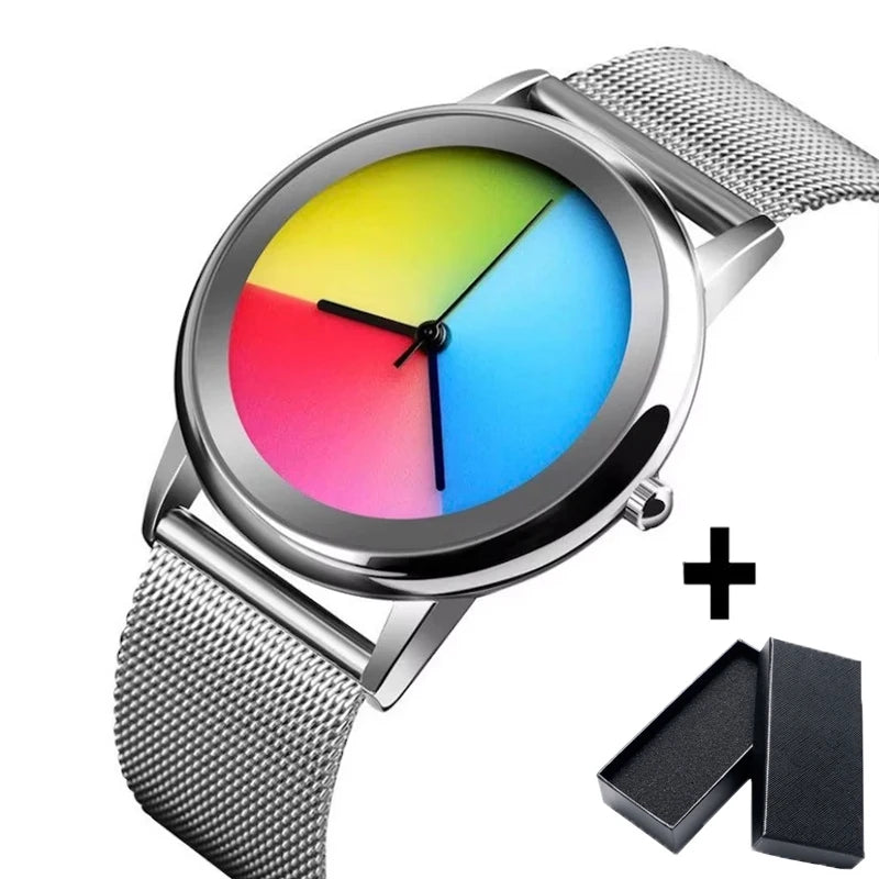 New Unique Women Watch Fashion Casual Colorful Changing Dial Quartz Wriswatch Simple Ultrathin Steel Lady Watches Special Gift