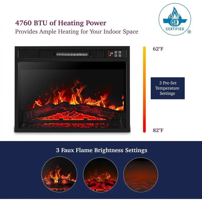 23" Fireplace 3 Dinfrared Black Fireplace Electric Insert Heater With IR Remote Control Glass View Adjustable Realistic Logs
