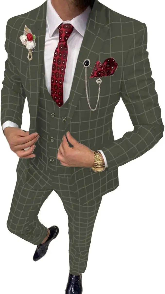Elegant Men's Suit 3 Pieces Plaid Tuxedos Business Suits Slim Fit Double Breasted for Wedding Business (Blazer+vest+Pants)
