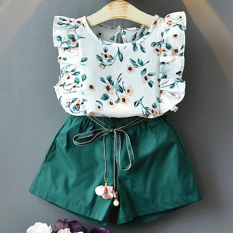 Kids Girl Clothes 2022 Fashion Sling Flower Bow Baby Girls Shirt + Stripe Shorts 2pcs Suit Children Clothing Sets