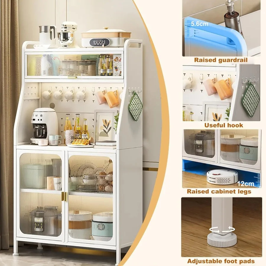 Bakers Rack with Storage Kitchen Storage Hutch Cabinet with Doors and Wheels Freestanding Microwave Stand with Adjustable Shelf