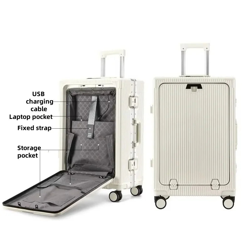 Aluminum Alloy Frame Suitcase Front Opening Pocket with USB Charging Plug Rolling Luggage Trolley Case Bag with Spinner Wheel