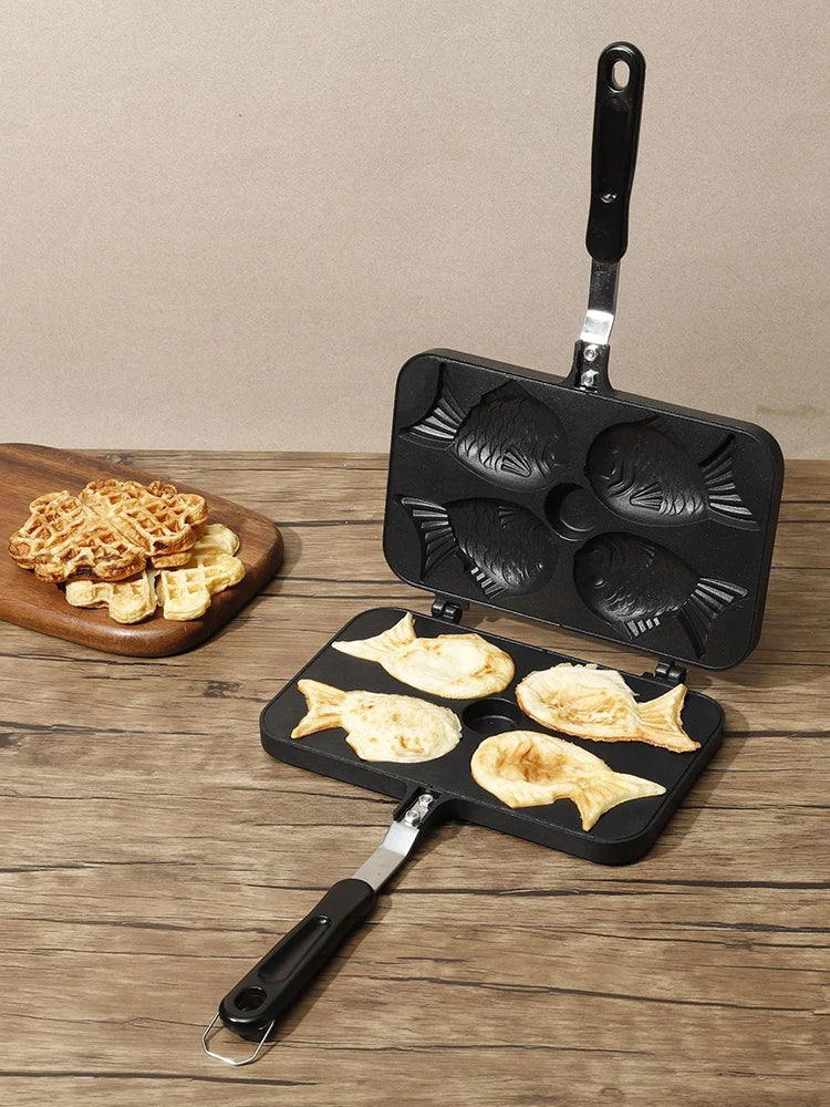 Kitchen Japanese Taiyaki Double Fish Shaped Hot Dessert Waffle Cake Maker Pan Japanese Pancake Double Pan Fry Pan Waffle Molds