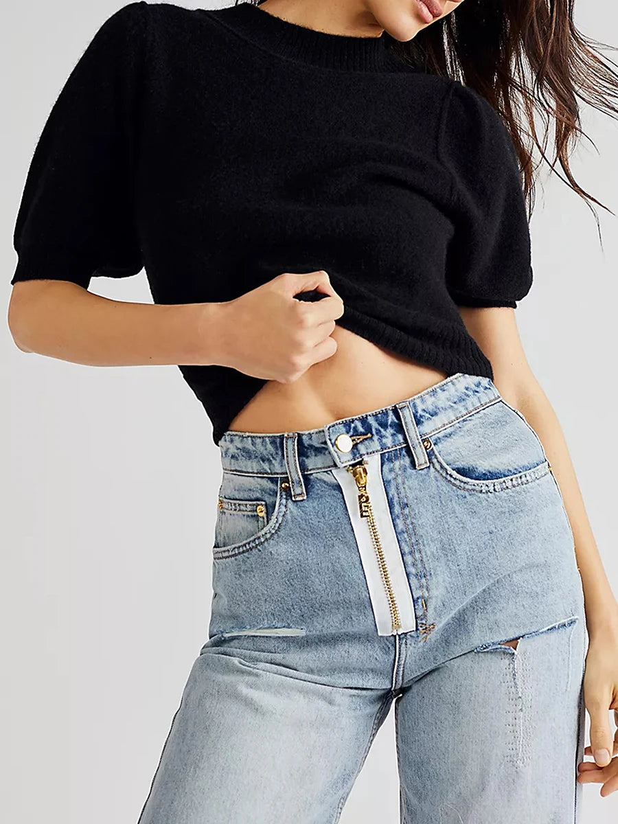 Women Knit Sweater Short Sleeve Sweater Crew Neck Solid Pullover Tops for Casual Daily