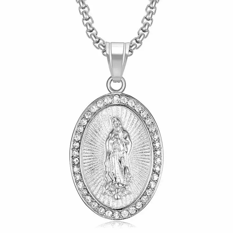 Virgin Mary Prayer Pendant Necklaces Gold color 316L Stainless Steel with rhinestone Women/Men Jewelry