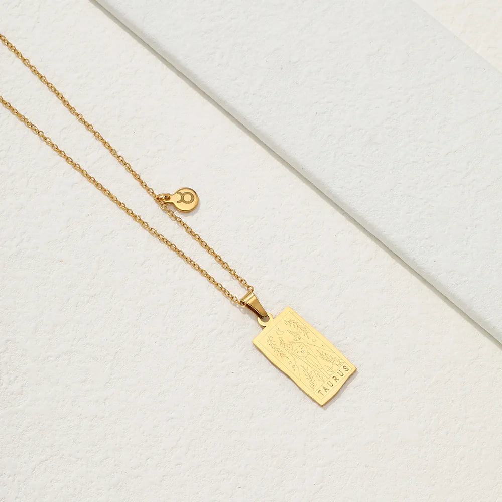 Stainless Steel Square Tarot Card Pendant Women Necklace Twelve Constellations Gold-Plated Clavicle Chain Horoscope Gifts