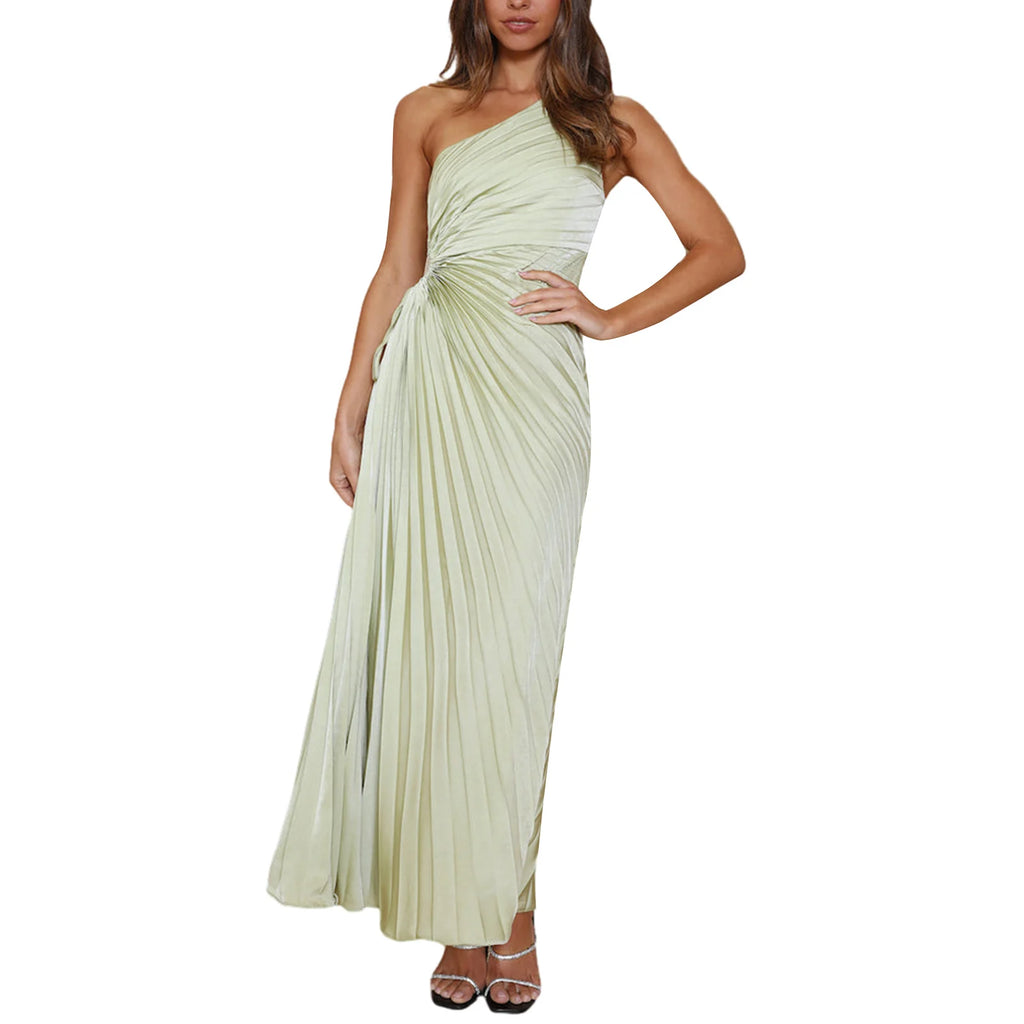 Women One Shoulder Sleeveless Dress Waist Cutout Casual Pleated Party Dress for Cocktail Beach Club Summer Streetwear