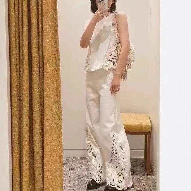Women's elegant two-piece suit vintage hollow embroidered vest or slim trousers