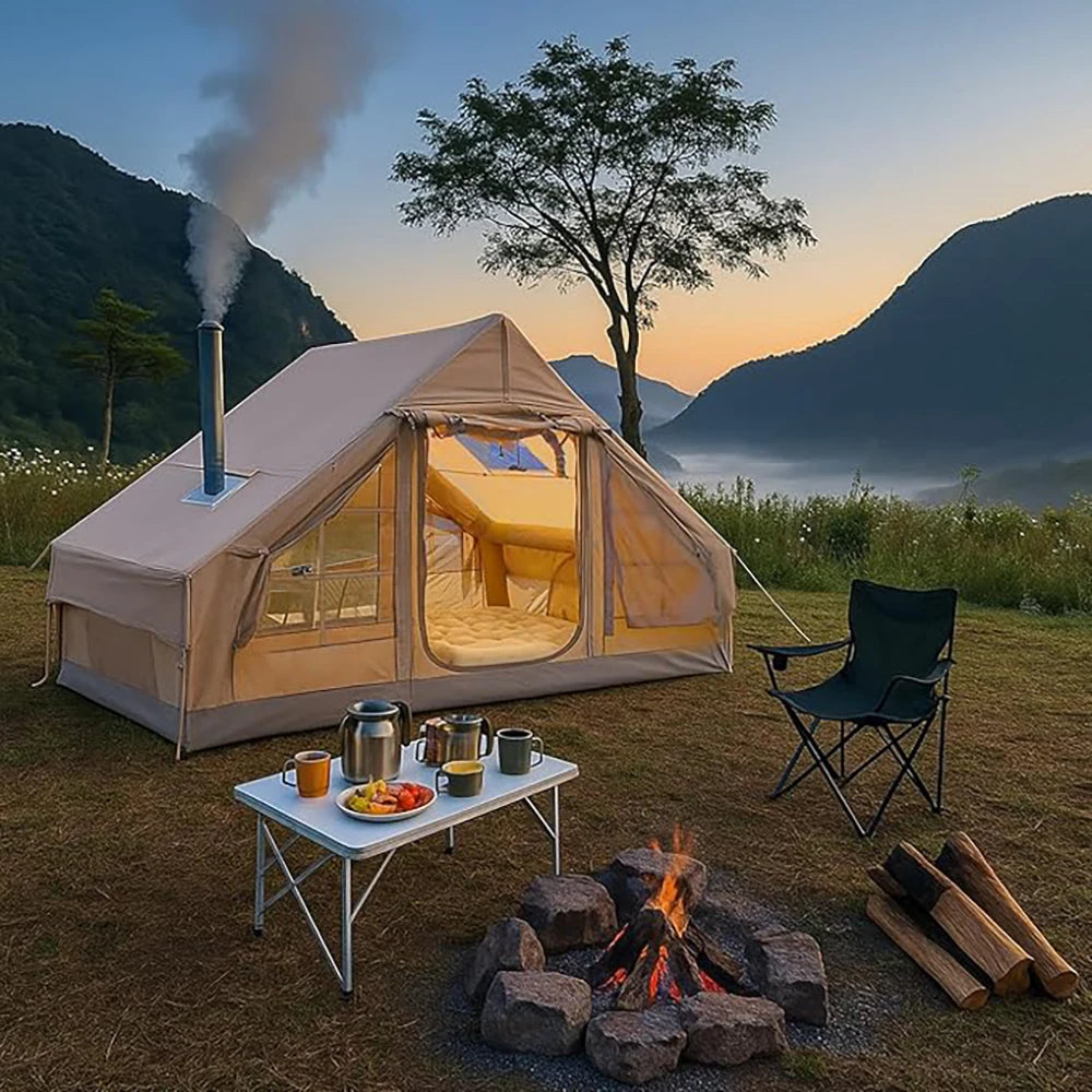 9.8' x 7' Inflatable Camping Tent,4 Season Blow up Tents for Camping, 4-6 Person Inflatable Tent with Jack Stove