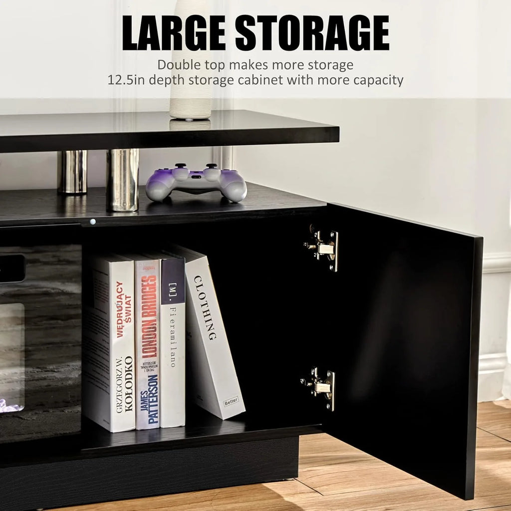 Fireplace TV stand with 36 inch fireplace, 70 inch modern high gloss fireplace, 2-story TV console cabinet, obsidian color