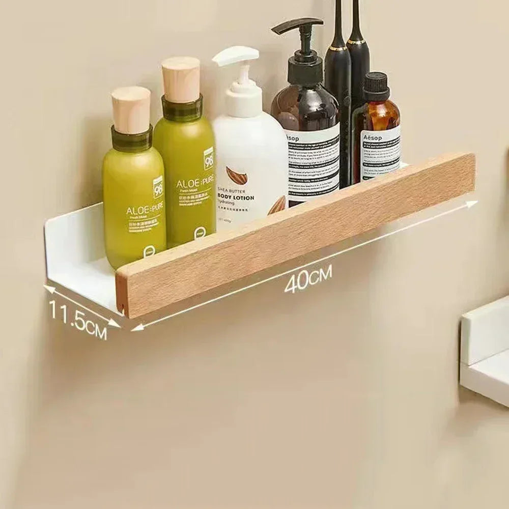 Bathroom Wood Shelf Holder Bath Shower Corner Rack Wall Mounted No Drill Shelves Organizer Kitchen Bathroom Storage Accessories