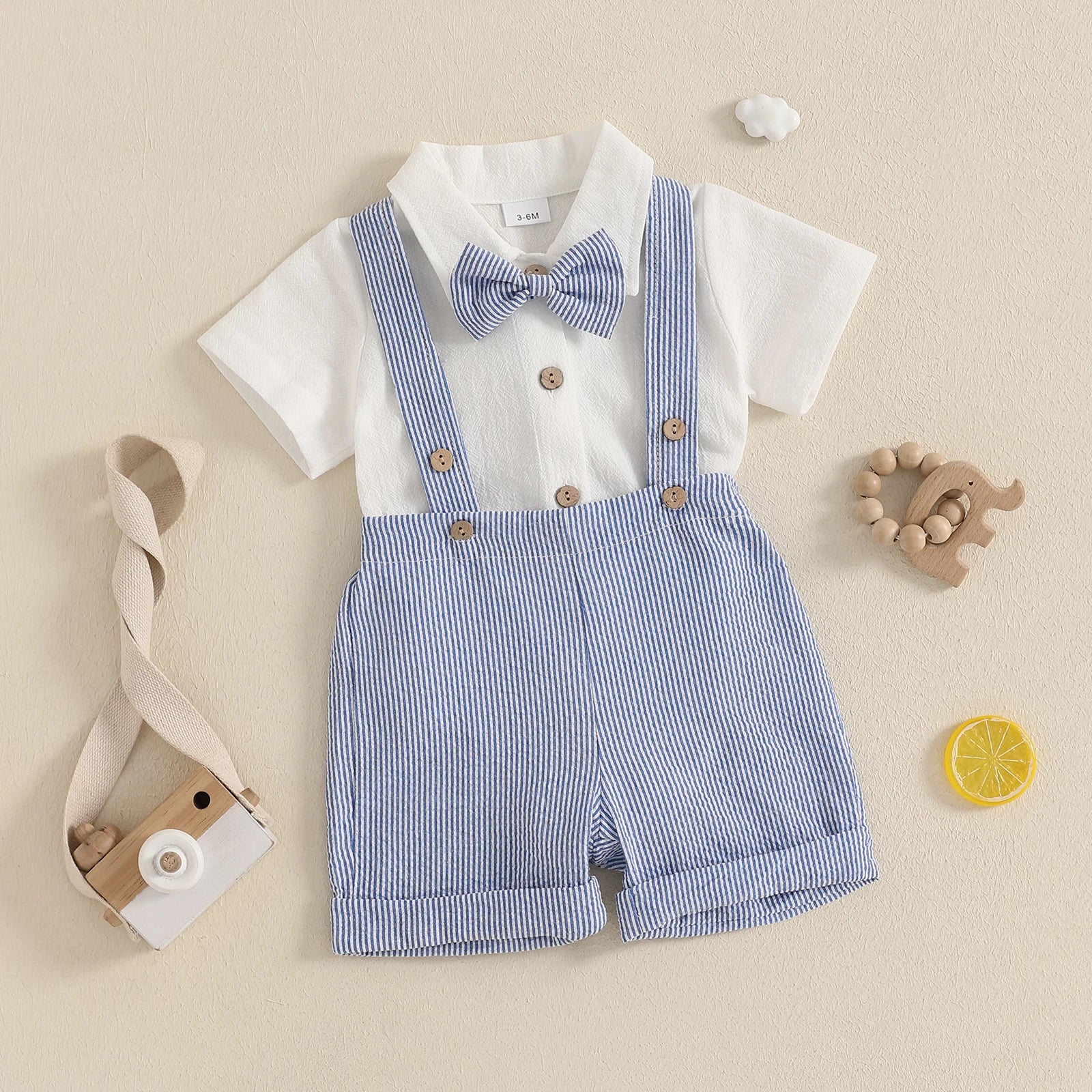 Baby Boy Gentleman Outfit Solid Color Short Sleeve Lapel Neck Romper with Stripe Suspender Shorts Bowtie Boys Summer Clothes