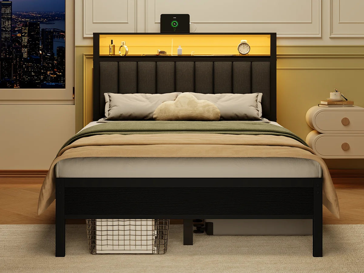 Full/Queen size bed frame with charging station, LED bed frame, headboard with frame, platform bed frame, soft cushion bed frame