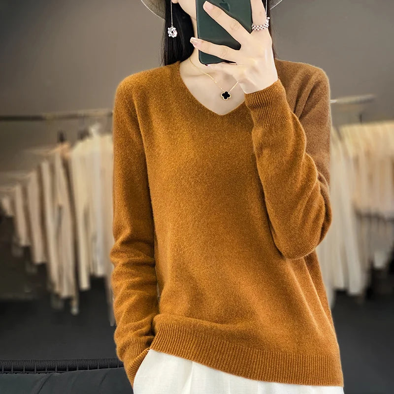 Sweater For Women 100% Merino Wool V Neck Sweater Fall Winter Basic Warm Pullovers Long Sleeve Soft Knit Jumpers Female Clothing