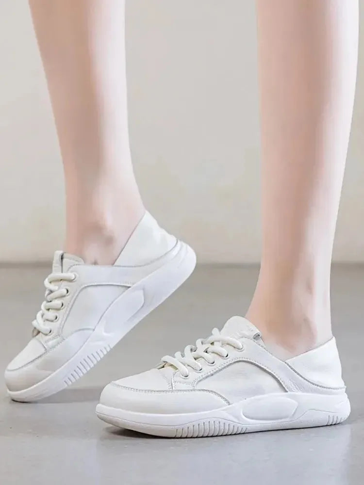 Flat cow skin shoes for women informal comfortable and breathable sneakers white