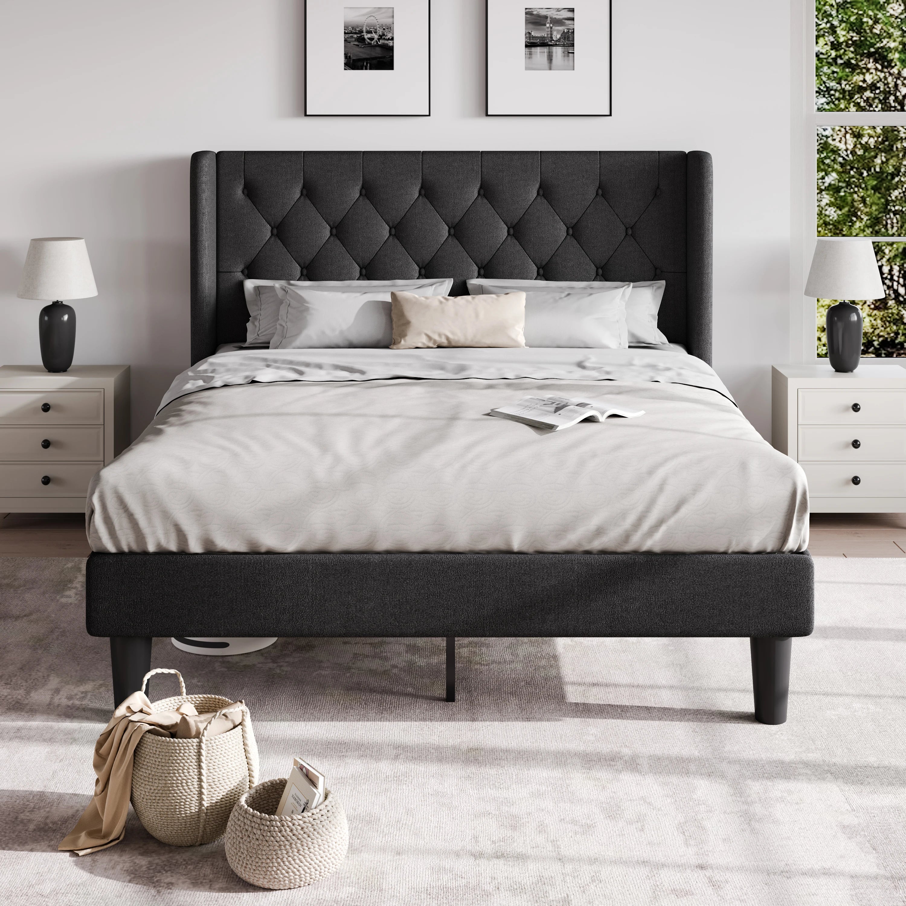 HOOMIC Classic Bed Frame with Button Tufted Wingback Headboard, Upholstered Platform Bed with Wooden Slats Support Allewie