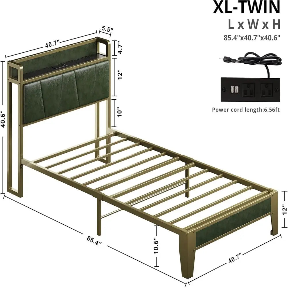 LIKIMIO XL Twin / Queen Bed Frame, Storage Headboard with Charging Station, Solid and Stable, No Box Spring Needed