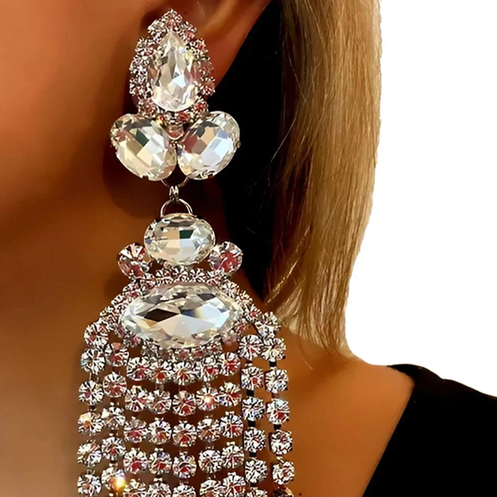 Stonefans Rhinestone Tassel Dangle Earrings Rhinestone for Women Wedding Gift 2023 Luxury Exaggerate Ear Accessories Jewelry