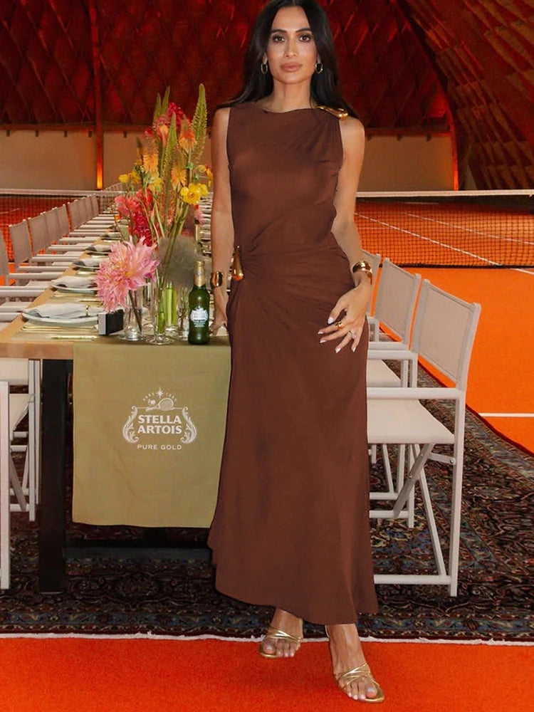 Weird Puss Classic Metal Ruched Women Dress Elegant Crew Neck Sleeveless Irregular Simple Summer Party Trend Stretch Vestidos