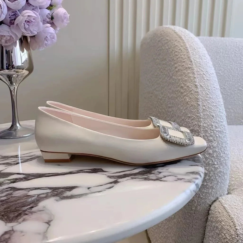 Classic Silk Square-Toe Shallow Woman Flats Square-Button Decora  Mouth Single Shoes Willow Fashion Females Banquet Flats