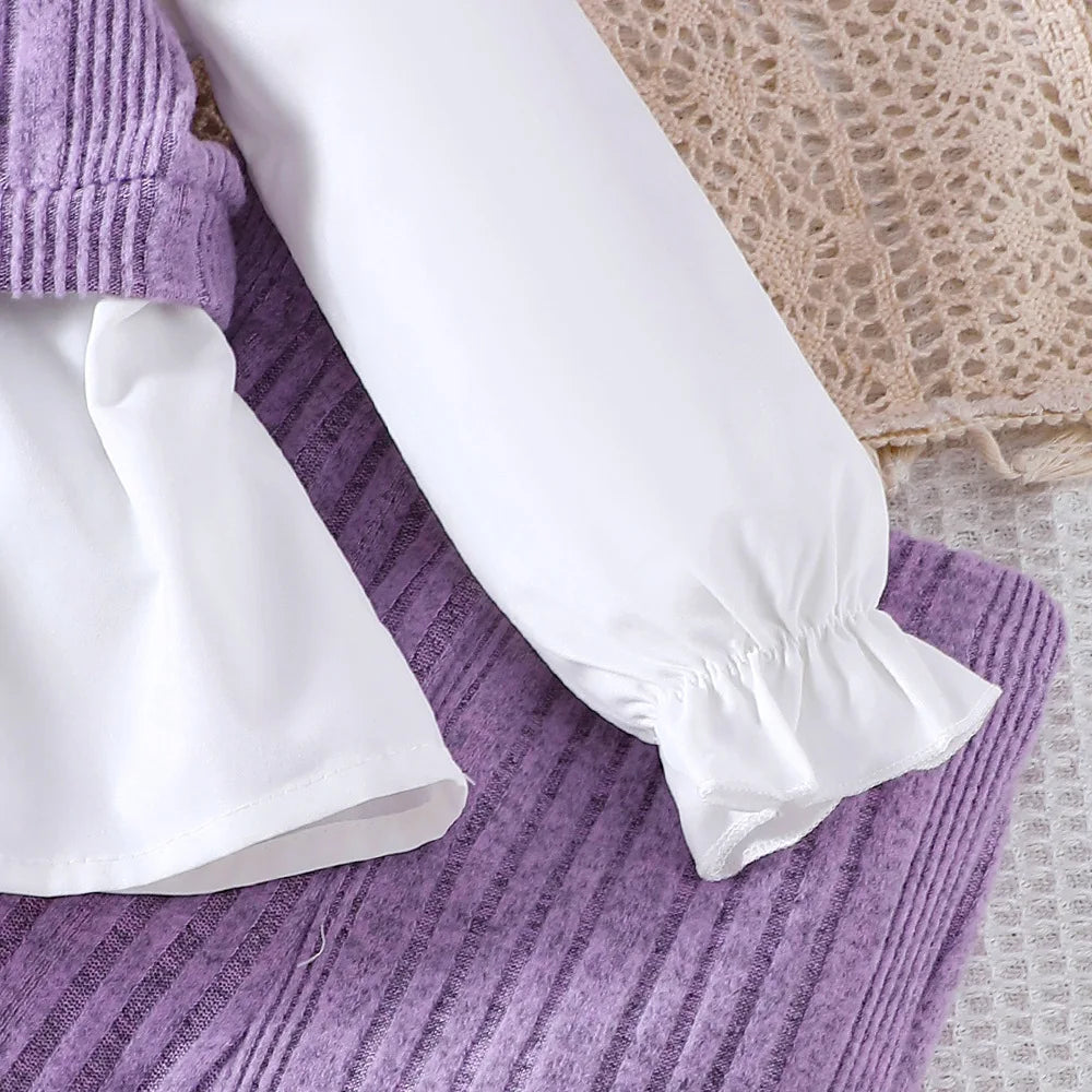 Kids Casual Clothing Sets for Girls Spring 2024 New Toddler Purple Long Sleeve Shirts Tops Knitted Pant Fashion Children 2-8Y