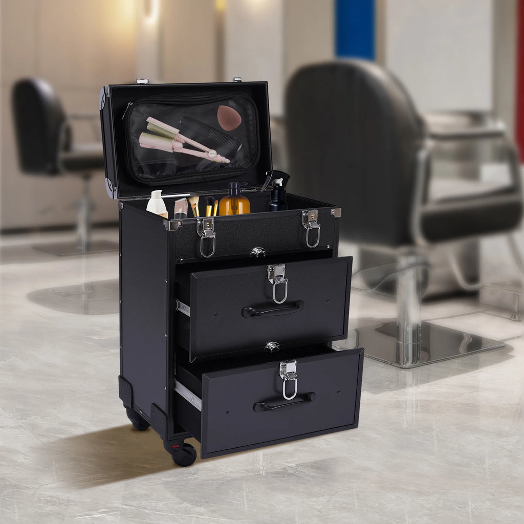Makeup Train Case,Rolling Beauty Salon Luggage Hairdressing Trolley Travel Organizer Tool Box Cosmetic Luggage (Black Small)