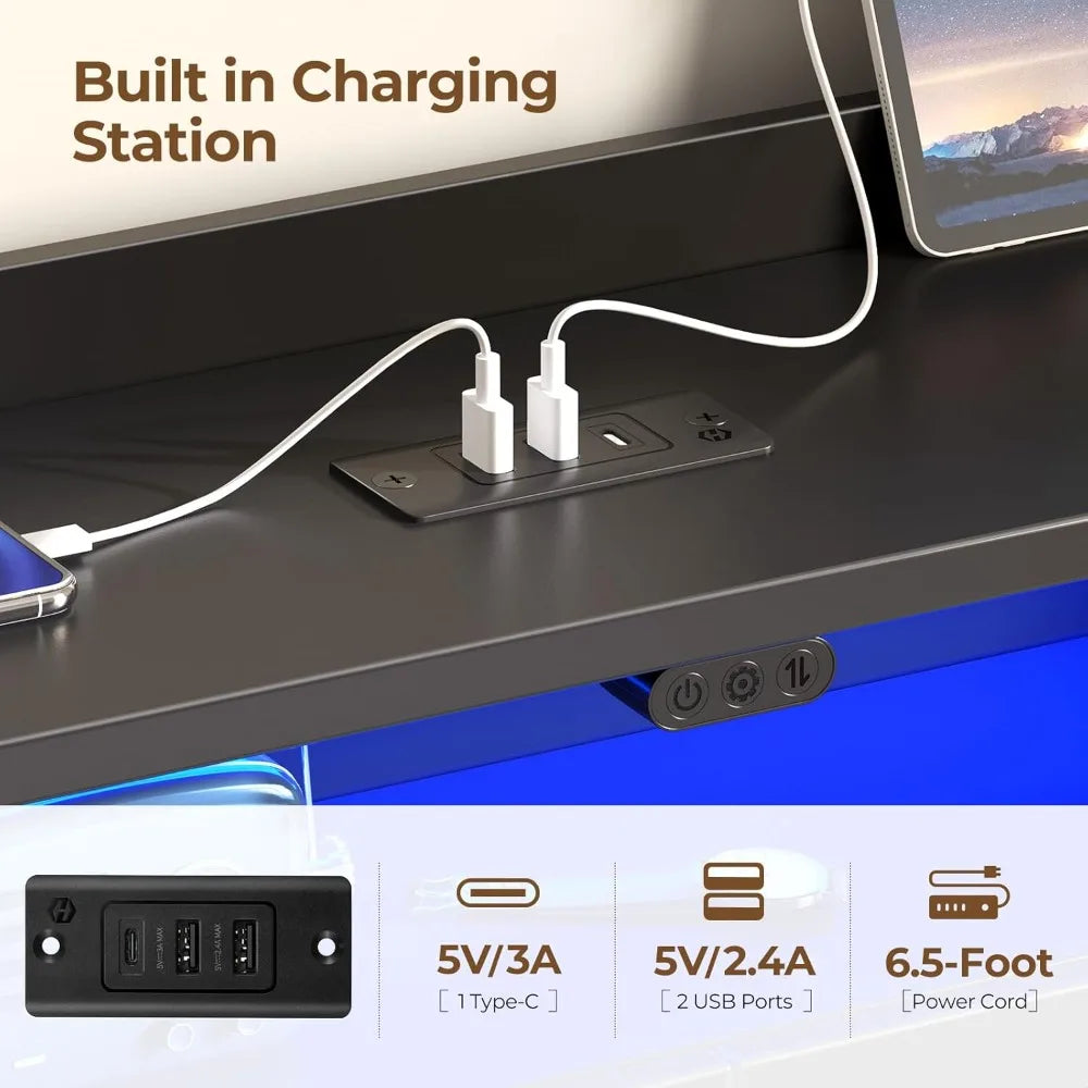 rolanstar twin bed frame with headboard, led bed with bookcase storage and charging station, metal platform bed with glass shelv
