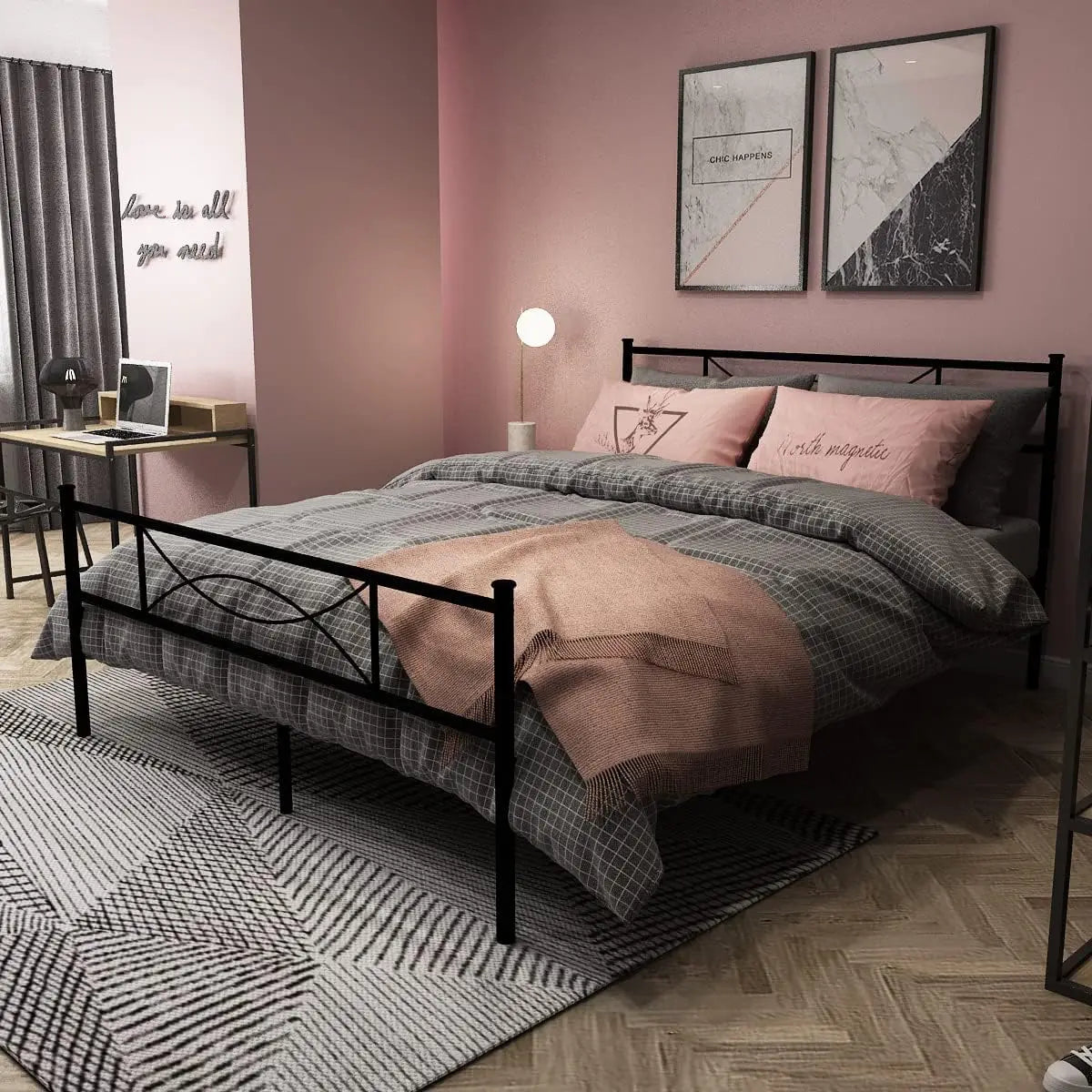 Full Bed Frame with Headboard Full Size Metal Platform Bed with Under Bed Storage, Box Spring Needed