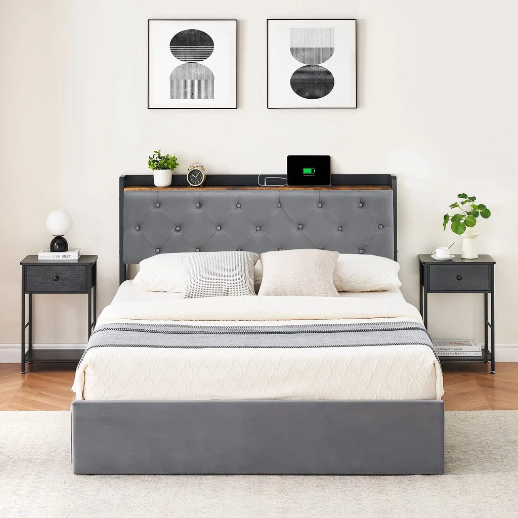 Upholstered Bed Frame with 4 Storage Drawers and Charging Station with Storage Headboard No Box Spring Needed Noise-Free