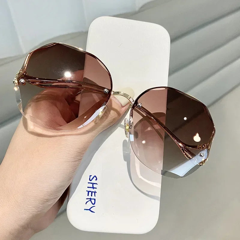 Irregular Round Sunglases Women Brand Designer Gradient Fashion Sun Glasses Female Rimless Metal Curved Temples Oculos De Sol