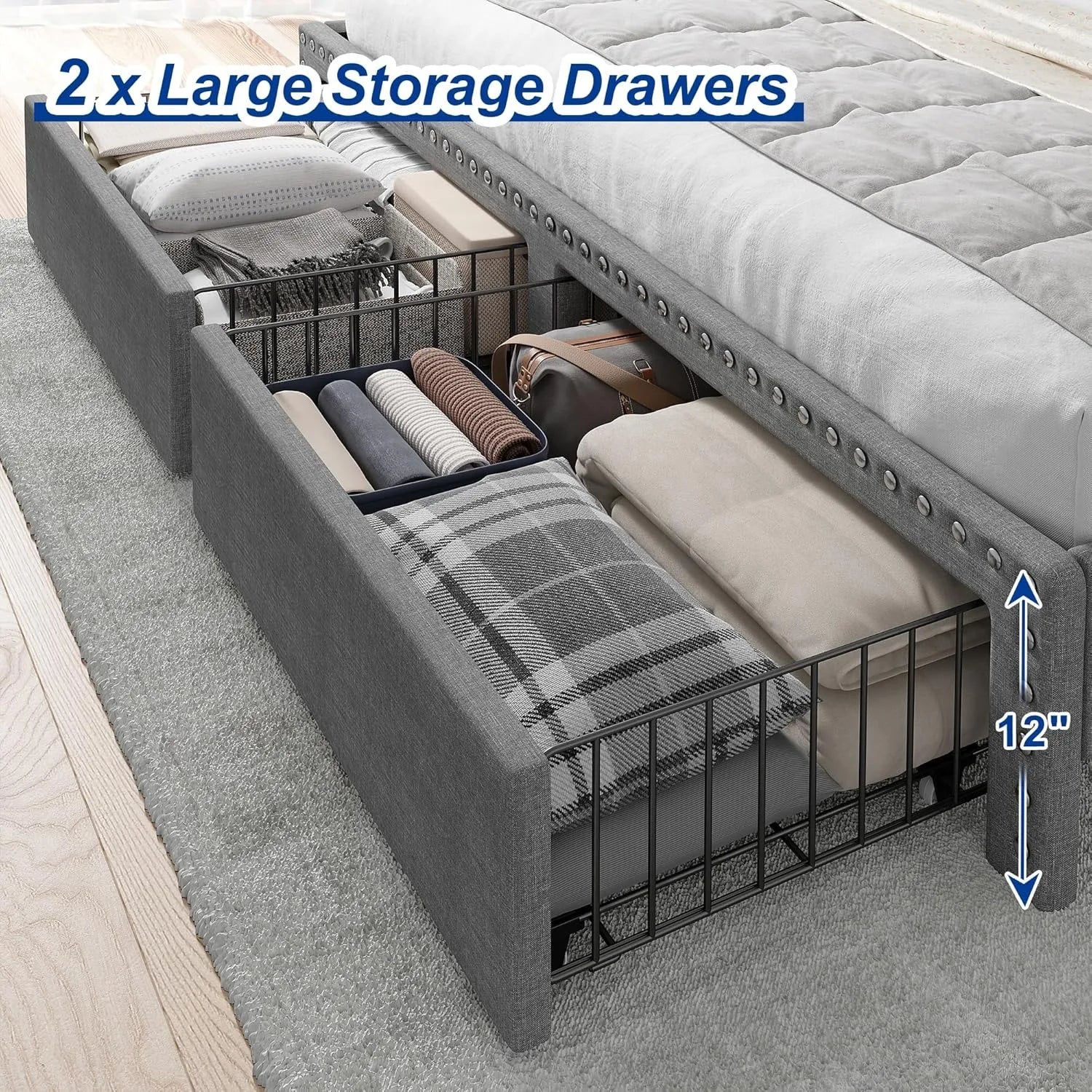 Full size bed frame with headboard and storage space, soft padded full bed frame, gray full bed frame with 2 drawers