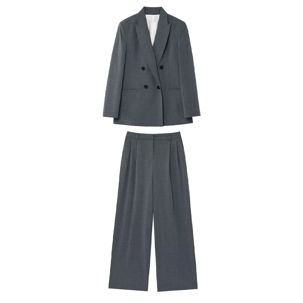 Women's new suit trousers suit double-breasted suit jacket with shoulder pads, pleated wide-leg pants