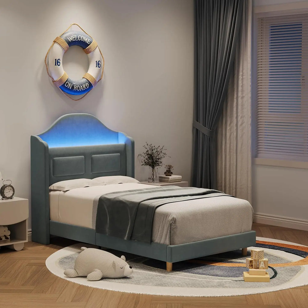 Upholstered Twin Bed Frame with LED Lights, Velvet Platform Bed Frame with Wing Back Storage Headboard, Wood Slats Support, No B