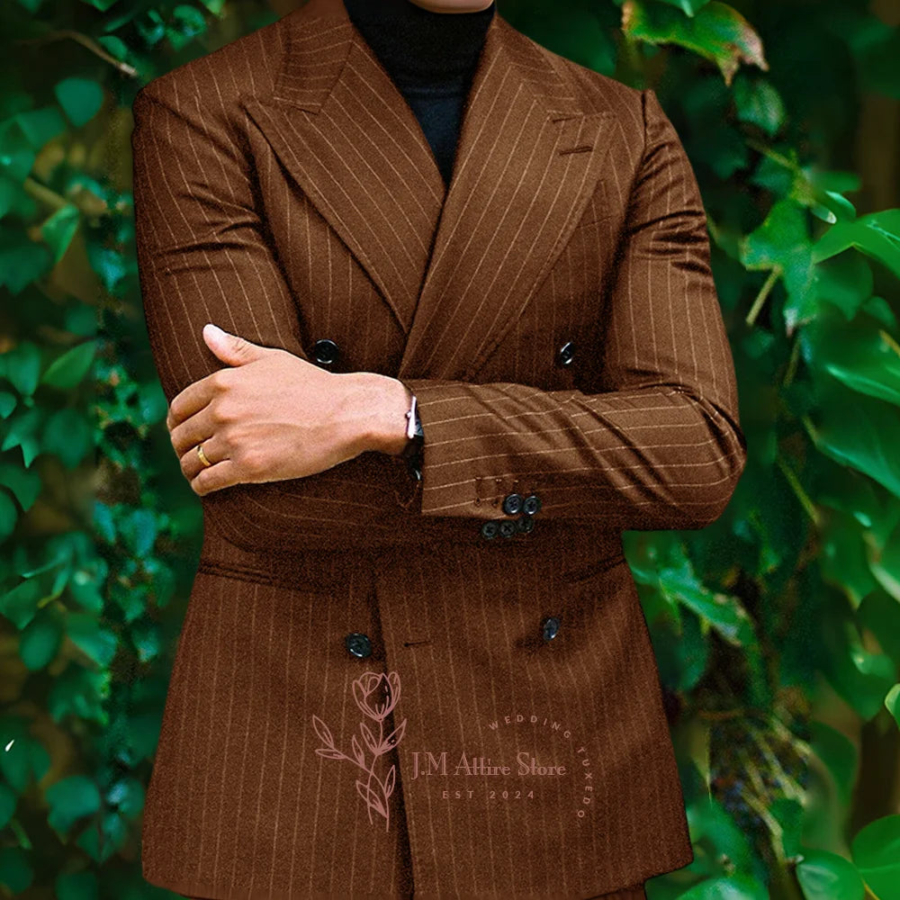 Men formal suit 2-piece set blue striped peak lapel double breasted jacket pants for wedding meeting dinner party custom tuxedo