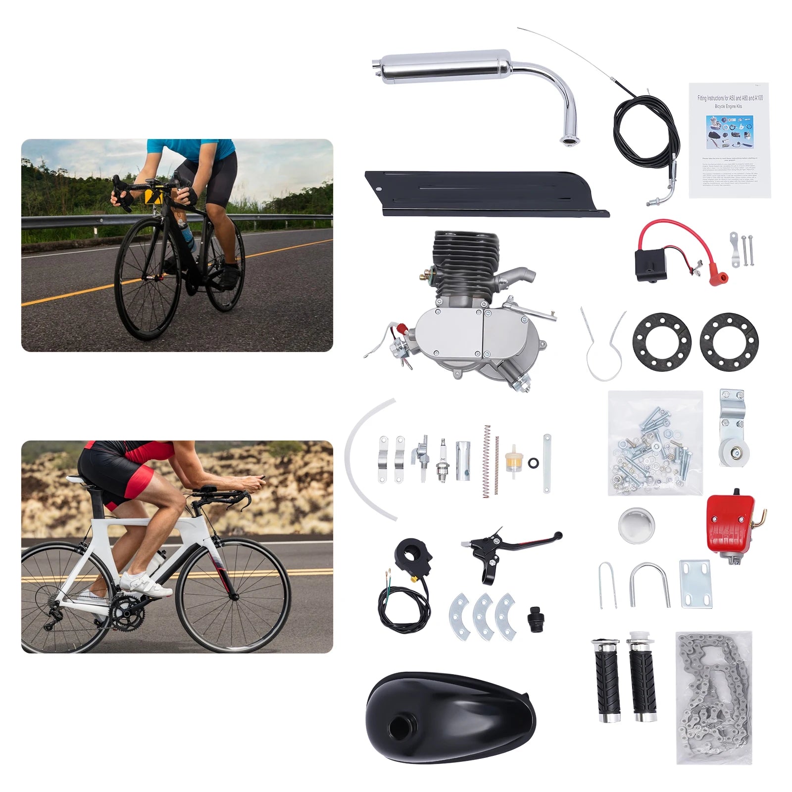 2-Stroke 100cc Bicycle Gasoline Engine Kit,36/44 Teeth Gas Motor,Petrol Engine W/ Air-Cooling System for Most 26" Or 28" Bike