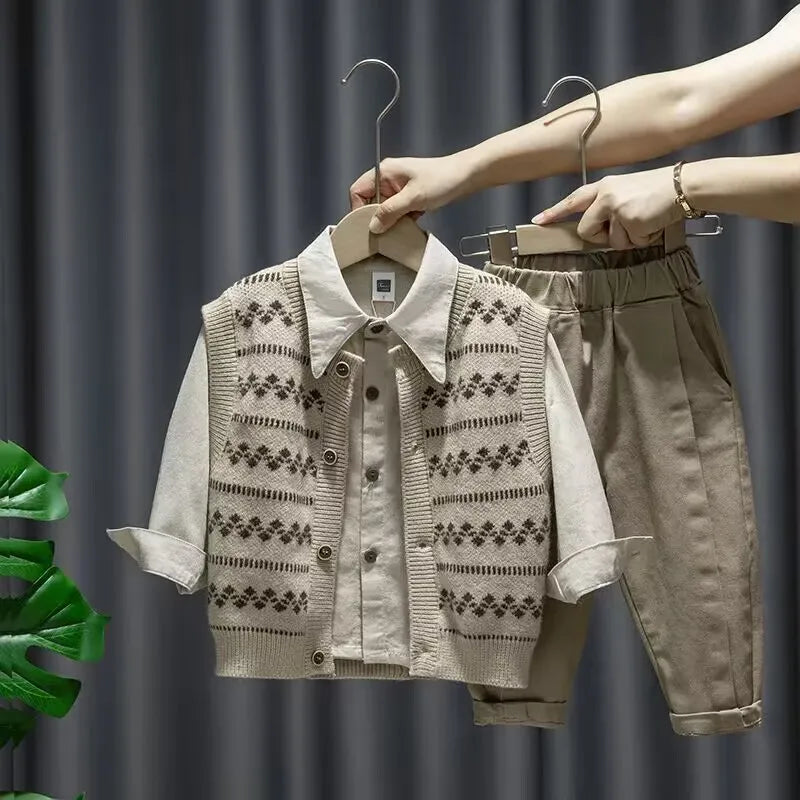 Baby Boy Clothing Suit 2024 Spring Autumn Knitted Sleeveless Sweater Vest + Shirts + Pants Boys Outfit Kids Set