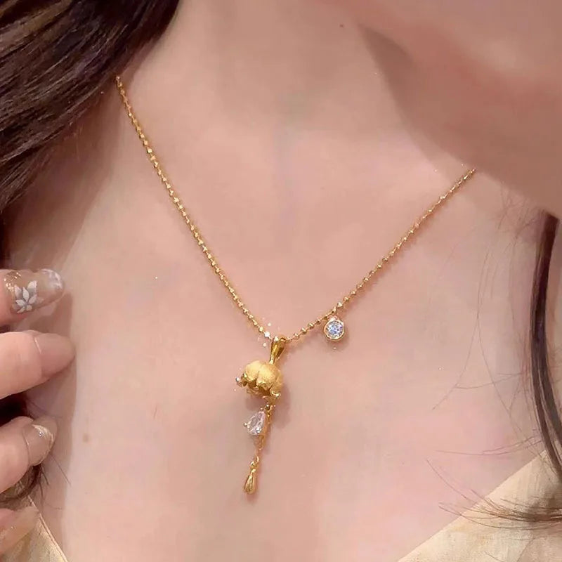 Gold Vintage Drop Flash Diamond Lily of the Valley Pendant Temperament Necklace for women