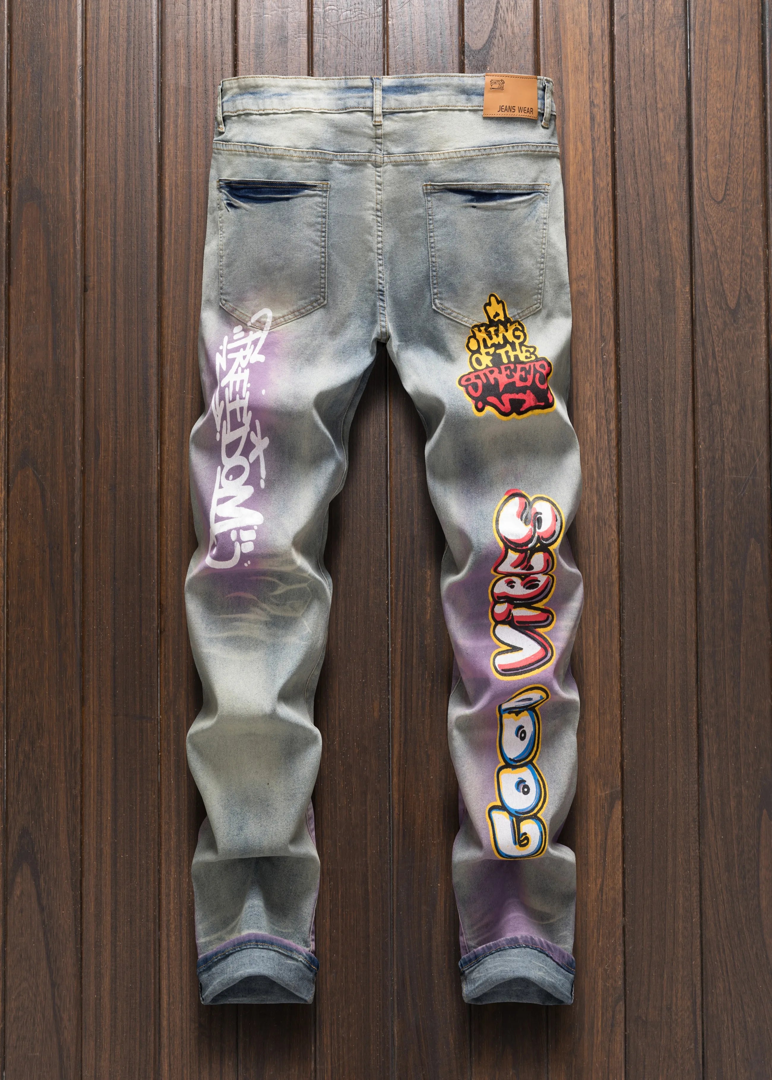 Men's street casual printed versatile fashionable slim fit straight hole vintage jeans