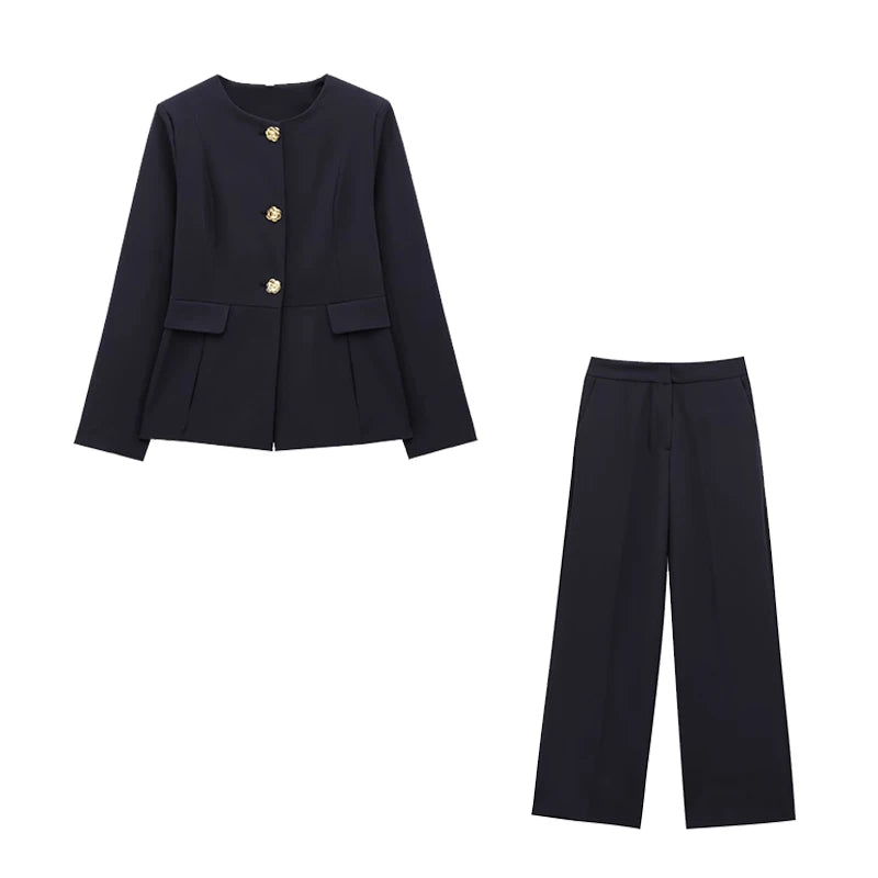 Women's Suit Set Business Formal Blazer & Pants Gold Button Jacket High Waist Straight Leg Office Wear Spring Wrinkle-Resistant