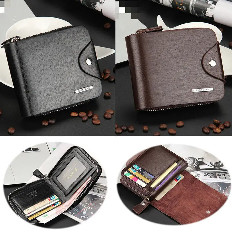 Horizontal Short PU Leather Wallet For Men With Zipper Money Bag Hasp Purse Credit Card Holder With ID Window