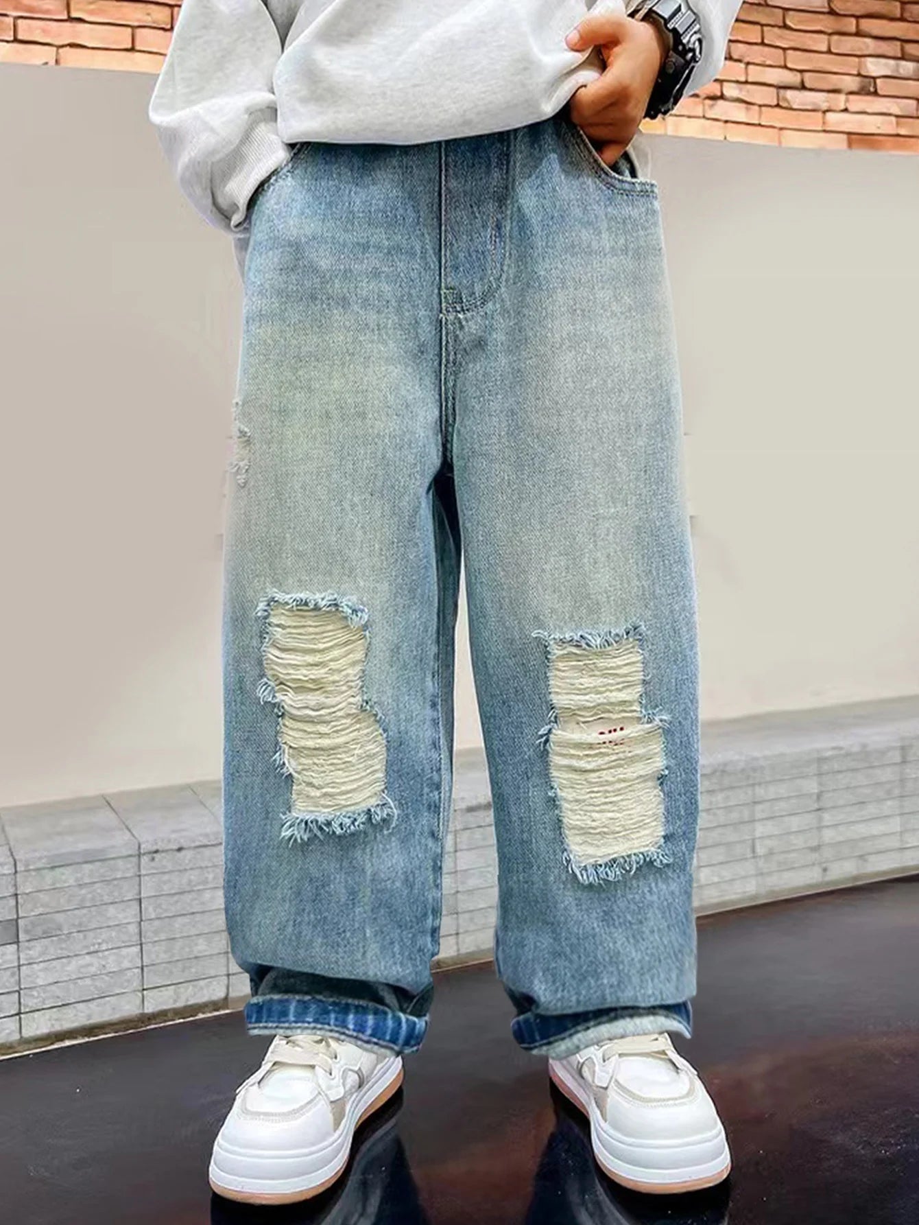Vintage-washed loose-fit straight-leg relaxed long casual trendy jeans for teenage boy students