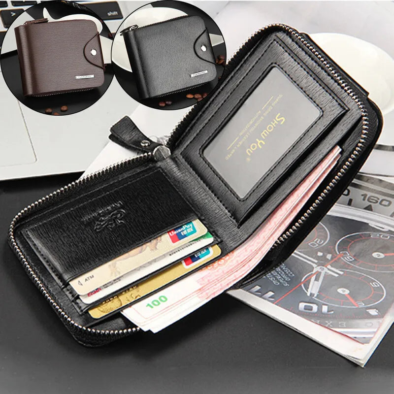 Horizontal Short PU Leather Wallet For Men With Zipper Money Bag Hasp Purse Credit Card Holder With ID Window