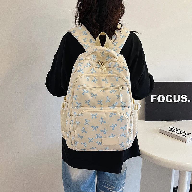 3Pcs/Set Bow Print Backpack with Crossbody Bag and Small Purse Bow Student Bookbag Cute Laptop Backpack for Teens Girls