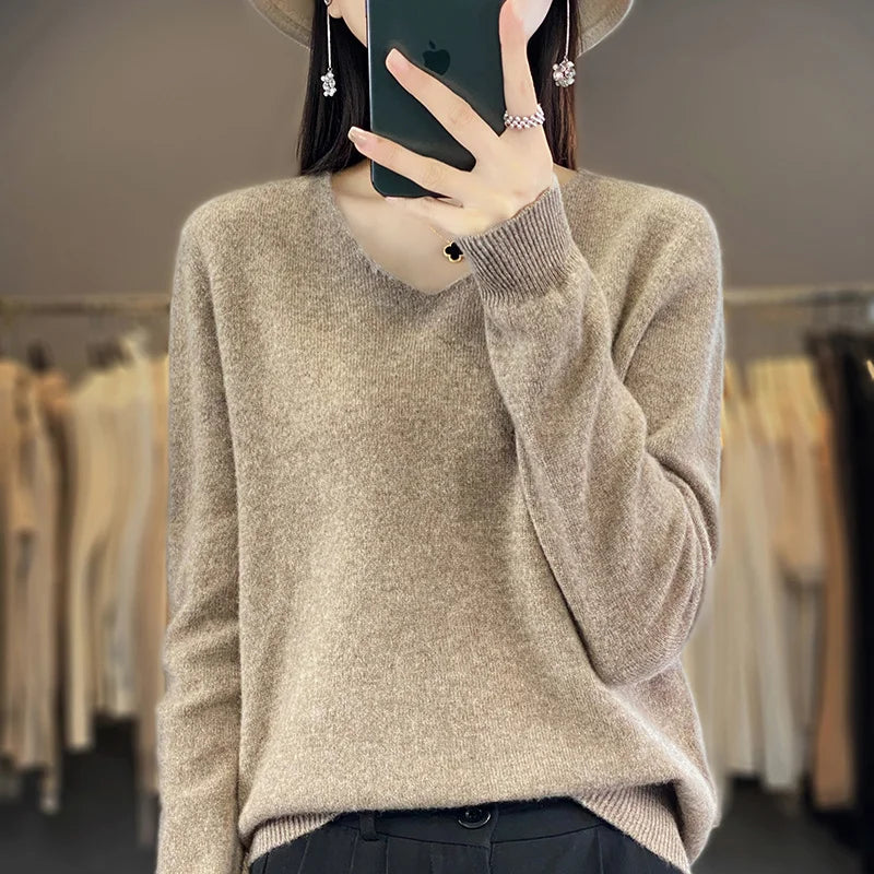 Sweater For Women 100% Merino Wool V Neck Sweater Fall Winter Basic Warm Pullovers Long Sleeve Soft Knit Jumpers Female Clothing