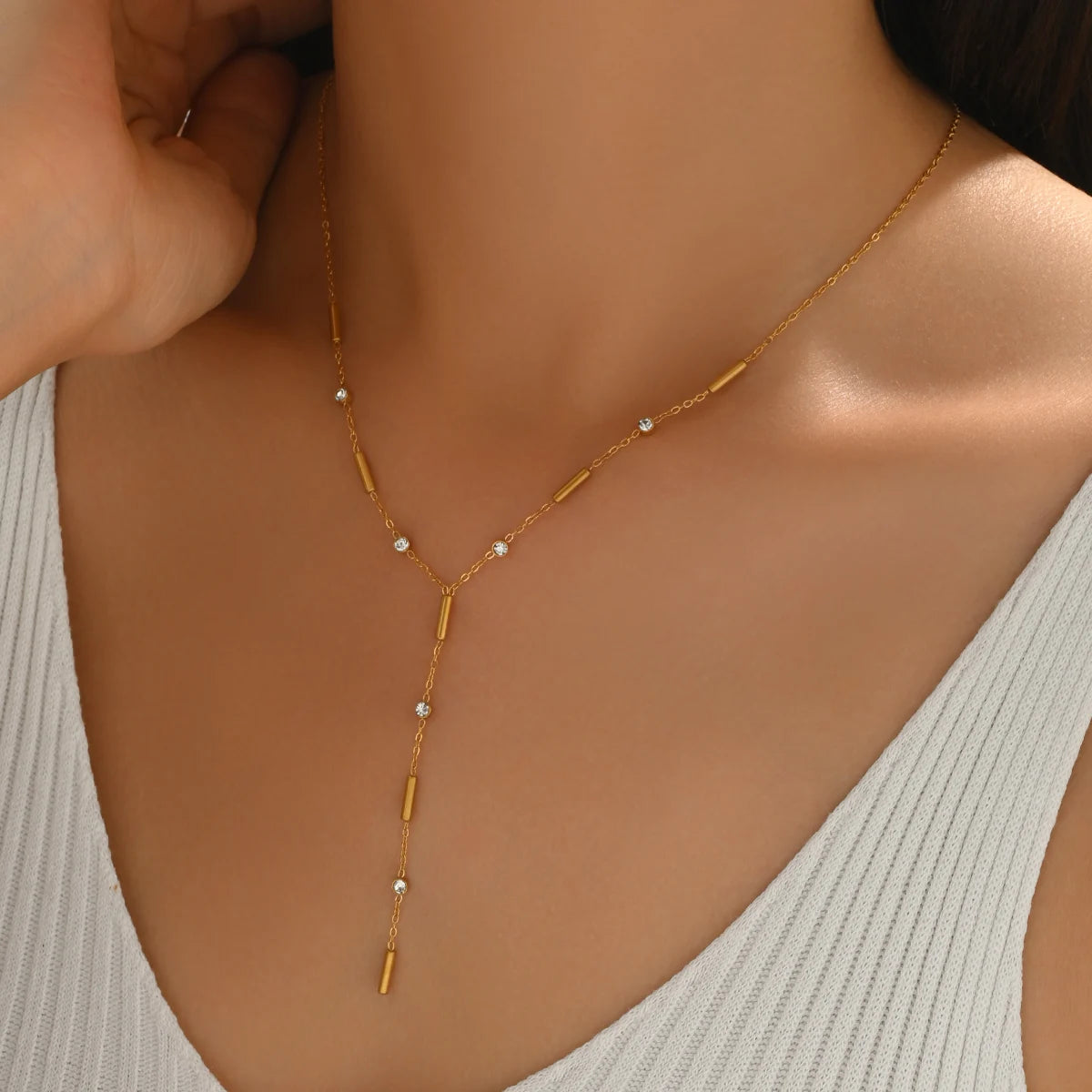 Lxalry 18K Gold Plated Stainless Steel Y Lariat Necklace for Women – Dainty Minimalist Design with Zircon Accents – Waterproof,