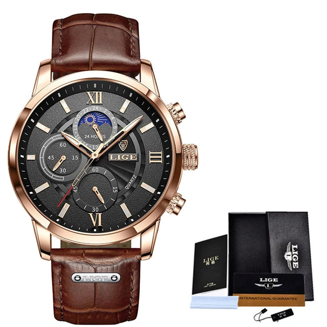 2025 New Mens Watches LIGE Top Brand Leather Chronograph Waterproof Sport Automatic Date Quartz Watch For Men Relogio Masculino